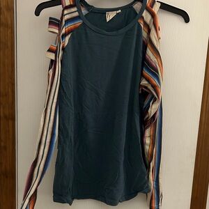 Teal and Multicolor Striped Sleeveless Blouse
